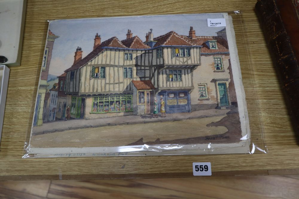 James P. Power, 'Old Houses, Lewes, Sussex' and two similar topographical watercolours, 'High