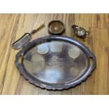 A large Walker & Hall oval plated two handled tea tray, a coaster, a crumb tray and sundry plated