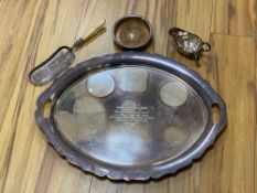 A large Walker & Hall oval plated two handled tea tray, a coaster, a crumb tray and sundry plated