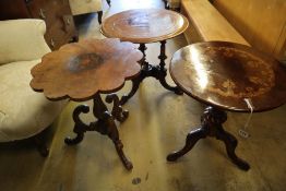 Three assorted Victorian walnut occasional tables, all reduced in height, largest diameter 53cm