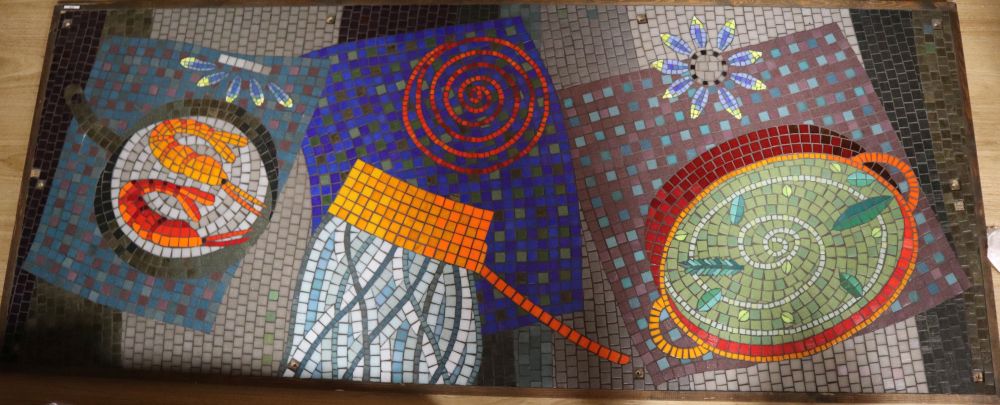 Three contemporary mosaic panels depicting fruit and other items on servery tables, largest - Image 2 of 3