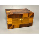 A Victorian crossbanded parquetry work box, 28cm and a rosewood writing slopeCONDITION: Circular