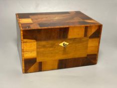 A Victorian crossbanded parquetry work box, 28cm and a rosewood writing slopeCONDITION: Circular