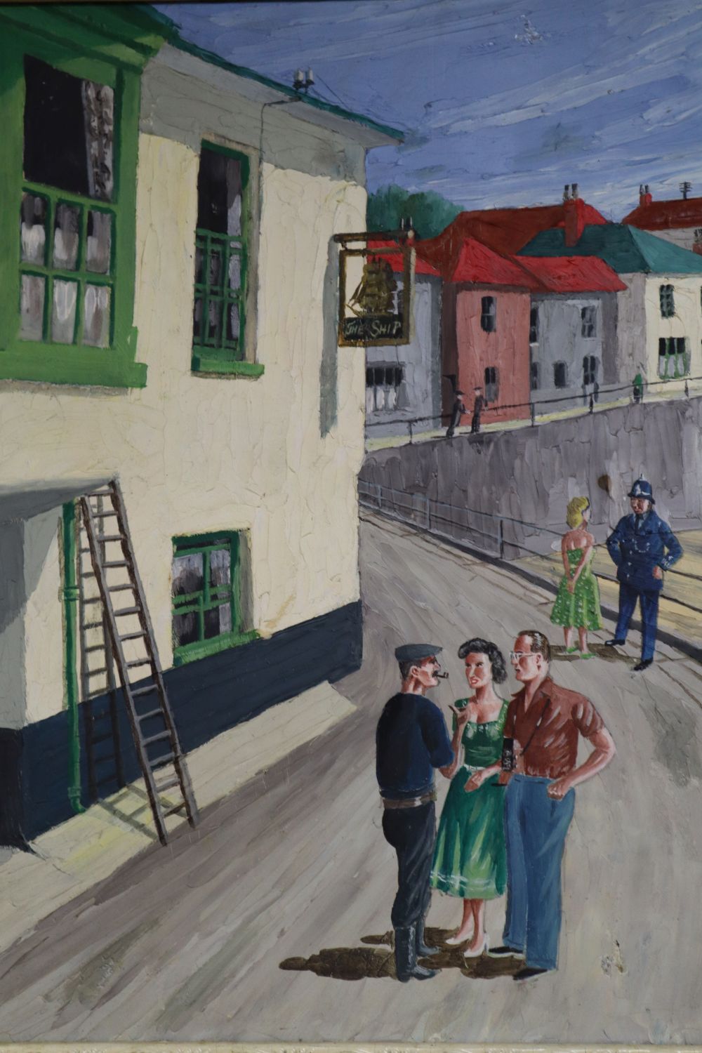 Reg Mitchell, oil on board, Figures in the street beside The Ship Inn, signed, 46 x 40cmCONDITION: A - Image 2 of 3