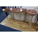A pair of parcel gilt cream painted occasional tables with rouge marble tops and a similar demi-lune
