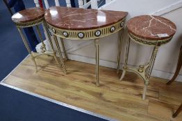 A pair of parcel gilt cream painted occasional tables with rouge marble tops and a similar demi-lune