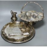 A silver plated cake basket, with cast border, diameter 31cm, two plated trays and three other