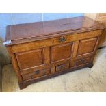 An oak mule chest (modified), width 128cmCONDITION: Old separation of the panel to the top door,