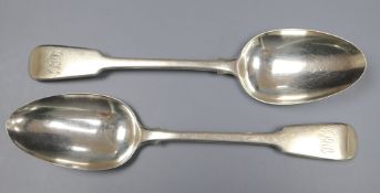 A pair of George III silver fiddle pattern table spoons by Paul Storr, London, 1815, 22cm, 5 oz.