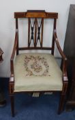 A pair of Edwardian marquetry inlaid mahogany elbow chairsCONDITION: Both chairs frames in good