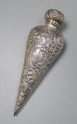 A Victorian silver mounted teardrop shaped scent bottle, Hilliard & Thomason?, Birmingham, 1899,