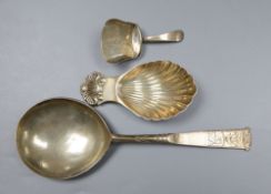 An early 18th century Dutch white metal spoon, the bowl underside monogrammed TIS-KLD and two silver