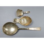 An early 18th century Dutch white metal spoon, the bowl underside monogrammed TIS-KLD and two silver