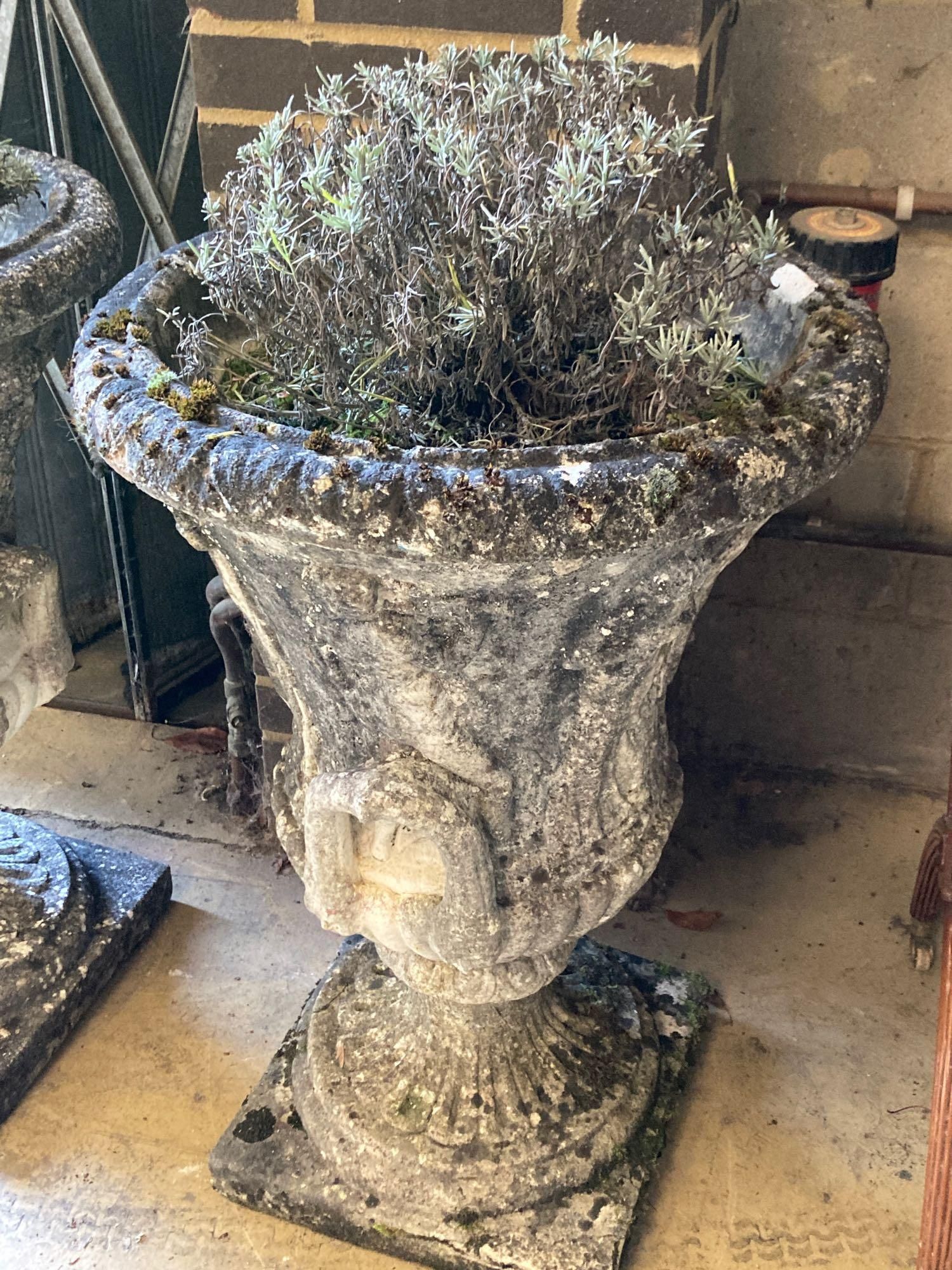 A pair of weathered composition stone urns and pedestals, diameter 56cm height 81cm - Image 3 of 4