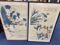 Two Chinese gouaches on silk, birds and blossom, signed, 40 x 67cm.