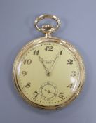 A 20th century 14k B.W.C. chronometer open face keyless pocket watch, with Arabic dial and