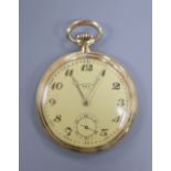 A 20th century 14k B.W.C. chronometer open face keyless pocket watch, with Arabic dial and