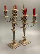 A pair of silver plated candelabra, three sconce candelabra, 51cm