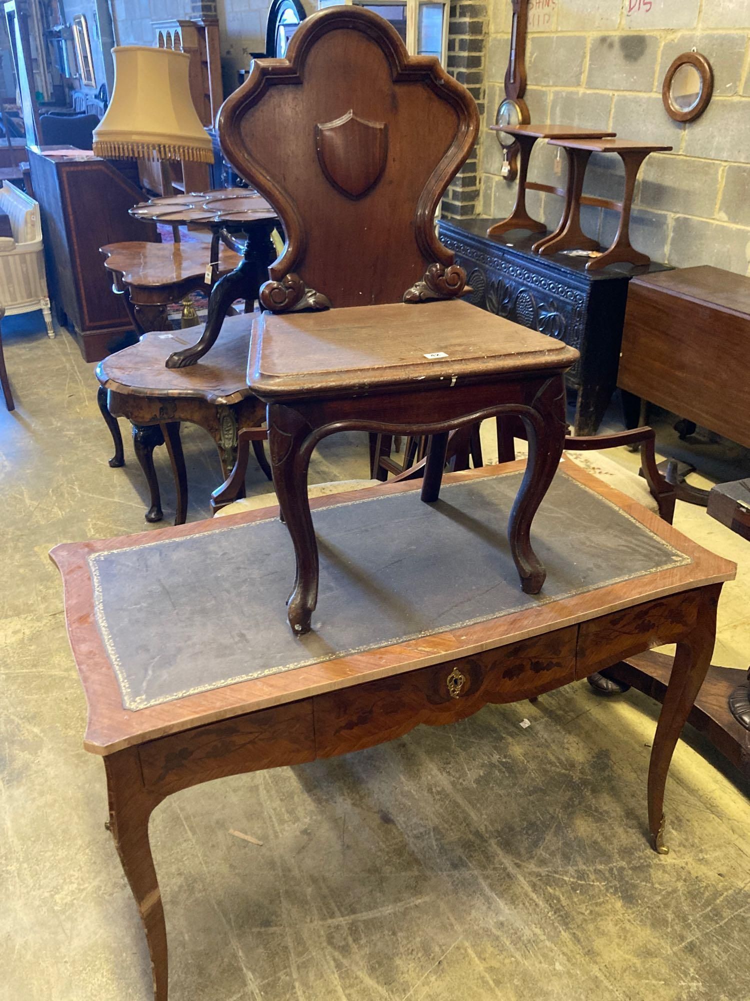 A Louis XVI style kingwood writing table, with central drawer, width 114cm and a Victorian