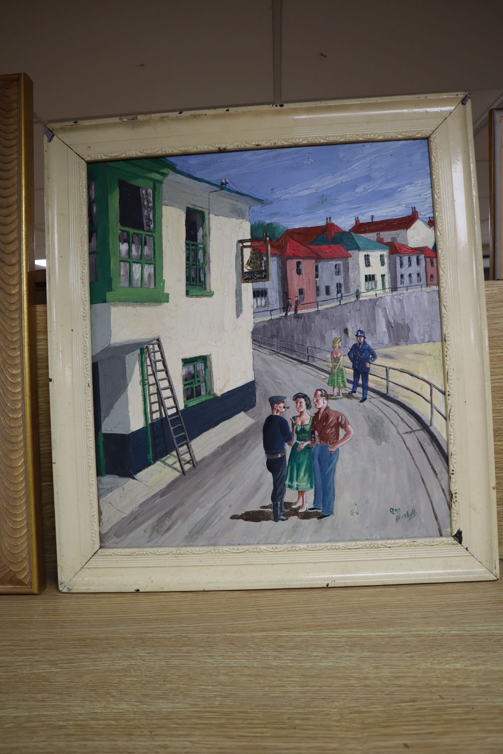 Reg Mitchell, oil on board, Figures in the street beside The Ship Inn, signed, 46 x 40cmCONDITION: A