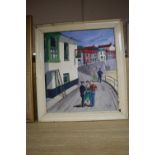 Reg Mitchell, oil on board, Figures in the street beside The Ship Inn, signed, 46 x 40cmCONDITION: A