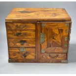 A Japanese metal mounted inlaid elm box with drawers, length 36cm