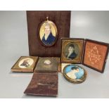 Five assorted miniatures of gentleman including one in yellow metal frame, largest being an oval