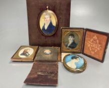 Five assorted miniatures of gentleman including one in yellow metal frame, largest being an oval