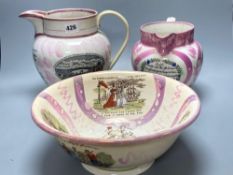 Two early 19th century Sunderland pink lustre jugs and similar bowl, transfer printed and enamelled,