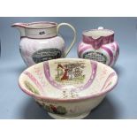 Two early 19th century Sunderland pink lustre jugs and similar bowl, transfer printed and enamelled,