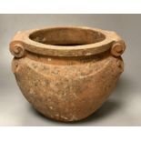 A Compton terracotta scroll pot, initialled N.T., 31cm