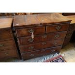 An early to mid 18th century chest with later top, two short and three long drawers, on later bun