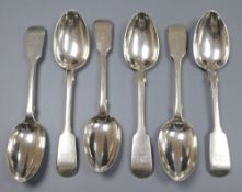 A set of six early Victorian silver fiddle pattern dessert spoons, Robert Wallace, London, 1844/6&7,