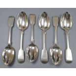 A set of six early Victorian silver fiddle pattern dessert spoons, Robert Wallace, London, 1844/6&7,