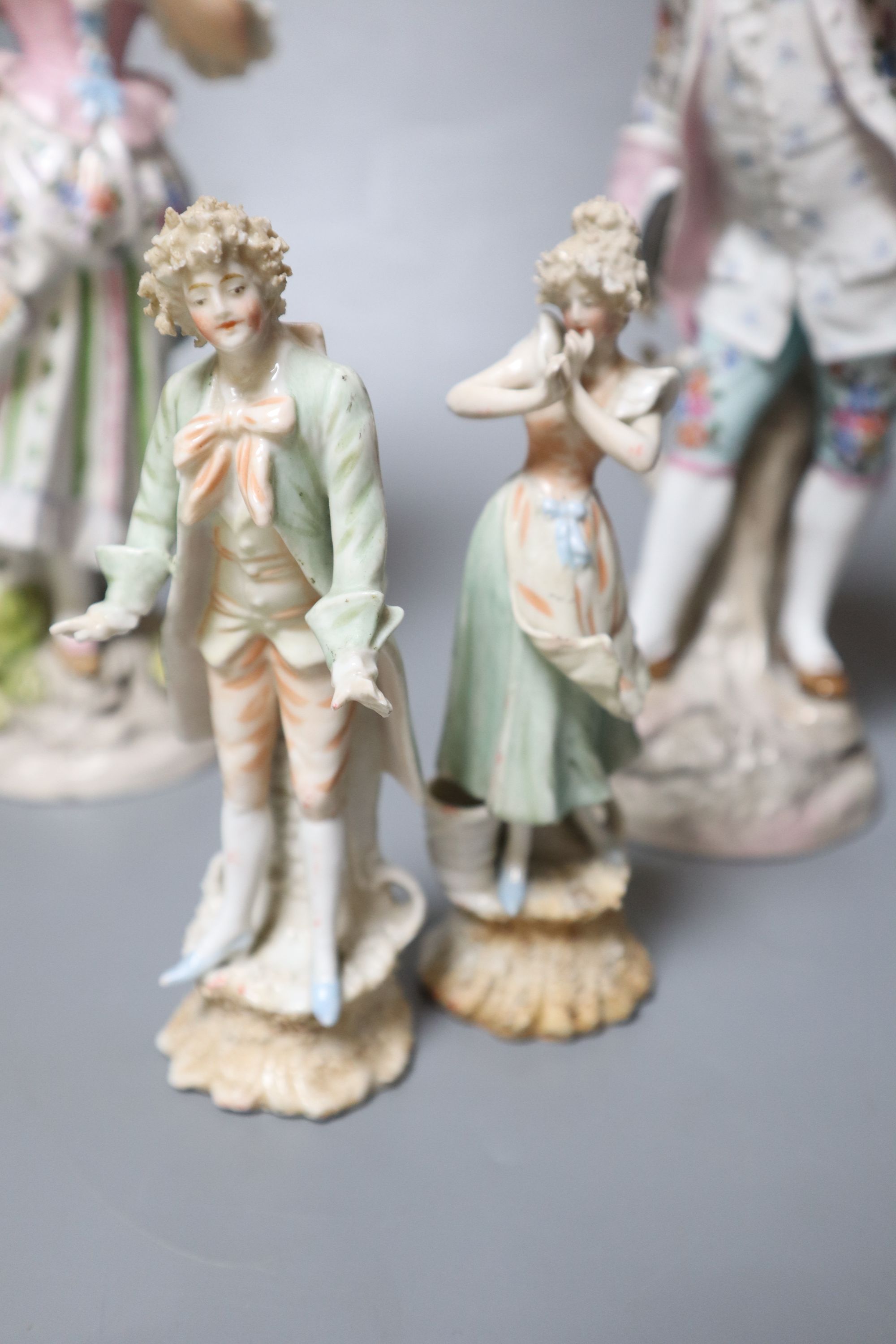 Two pairs of Continental porcelain figures of a man and woman, 15cm and 26cmCONDITION: Taller - Image 2 of 7