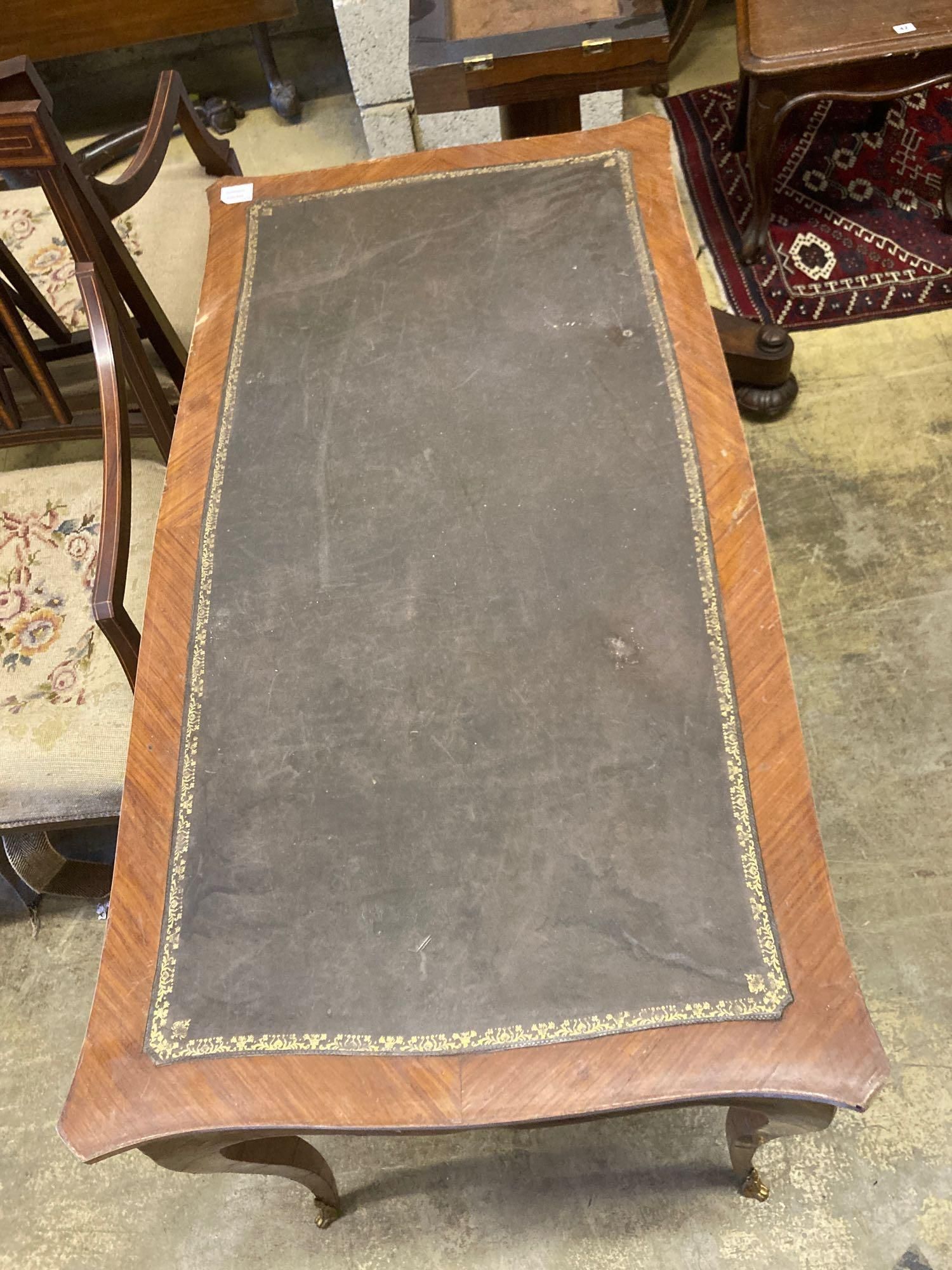 A Louis XVI style kingwood writing table, with central drawer, width 114cm and a Victorian - Image 4 of 4