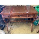 A modern yew wood and mahogany writing table, with sliding backgammon and chessboard top, width