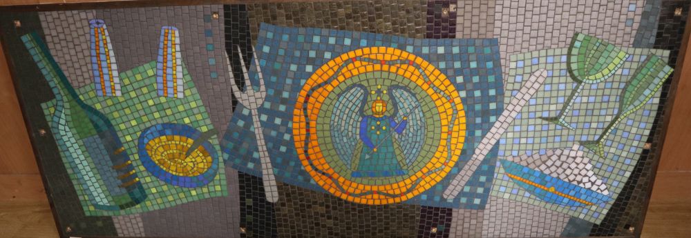 Three contemporary mosaic panels depicting fruit and other items on servery tables, largest - Image 3 of 3