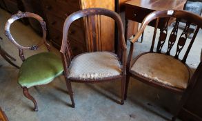 Two Edwardian inlaid mahogany tub shaped elbow chairs and a Victorian walnut salon chairCONDITION: