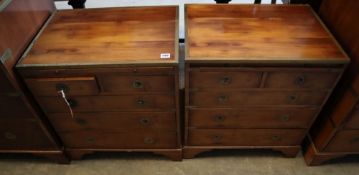 A pair of brass mounted yew wood campaign style chests, each with brushing slide, two short and