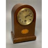 An Edwardian inlaid mahogany eight day mantel clock, with spring drive timepiece movement,