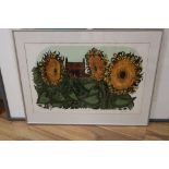 Robert Taverner, litho / screenprint, Sunflowers and Cottages, signed and numbered 11/70, 44 x