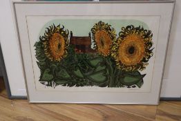 Robert Taverner, litho / screenprint, Sunflowers and Cottages, signed and numbered 11/70, 44 x