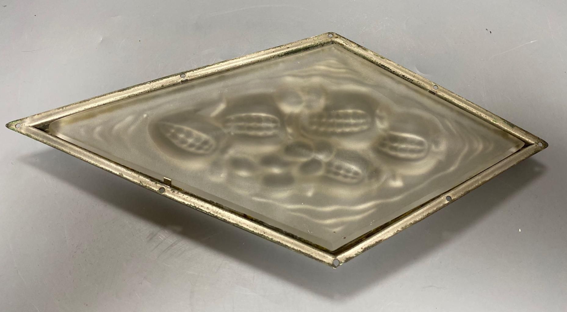 A pressed, frosted glass lozenge shape panel, within brass frame, height 35cmCONDITION: Good - Image 3 of 3