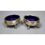 A pair of George III oval silver salts, by Hester Bateman, London 1777/8, 73mm, 151 grams, with blue