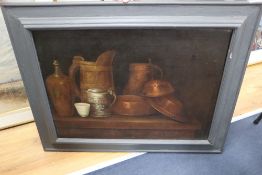 Dutch School (late 18th/early 19th century), oil on canvas, Still life of copper pots on a table