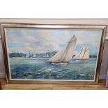 Circle of Stephen Bone, oil on canvas, Racing yachts off Cowes, signed, 89 x 149cmCONDITION: