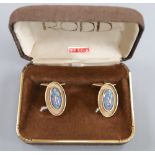 A pair of 9ct gold and opal doublet? set oval cufflinks, 24mm, gross 12.6 grams.CONDITION: A few
