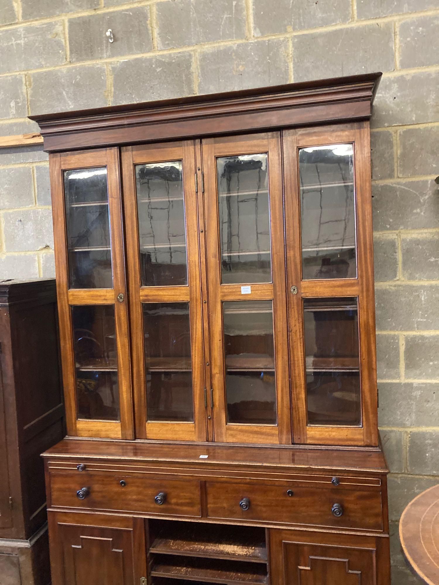 A Victorian mahogany bookcase cupboard, with pull out mid section writing slide, width 144cm depth - Image 3 of 4