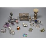 A group of modern small silver, plated and white metal items including mounted shaving brush,